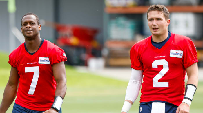 Seahawks quarterback Geno Smith (7) and quarterback Drew Lock (2) are competing for the starting job.